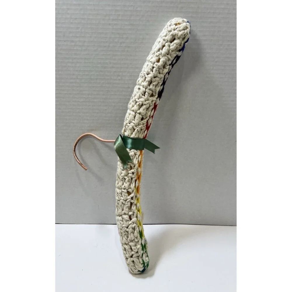 Vintage 1970s Crocheted Wood Hangers Set of 5 Green Yellow Pink Mod MCM 16.5